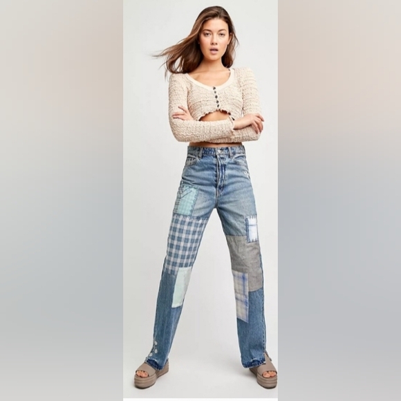 FREE PEOPLE STEINBECK PATCHED STRAIGHT LEG JEANS Size 27 - Picture 16 of 16